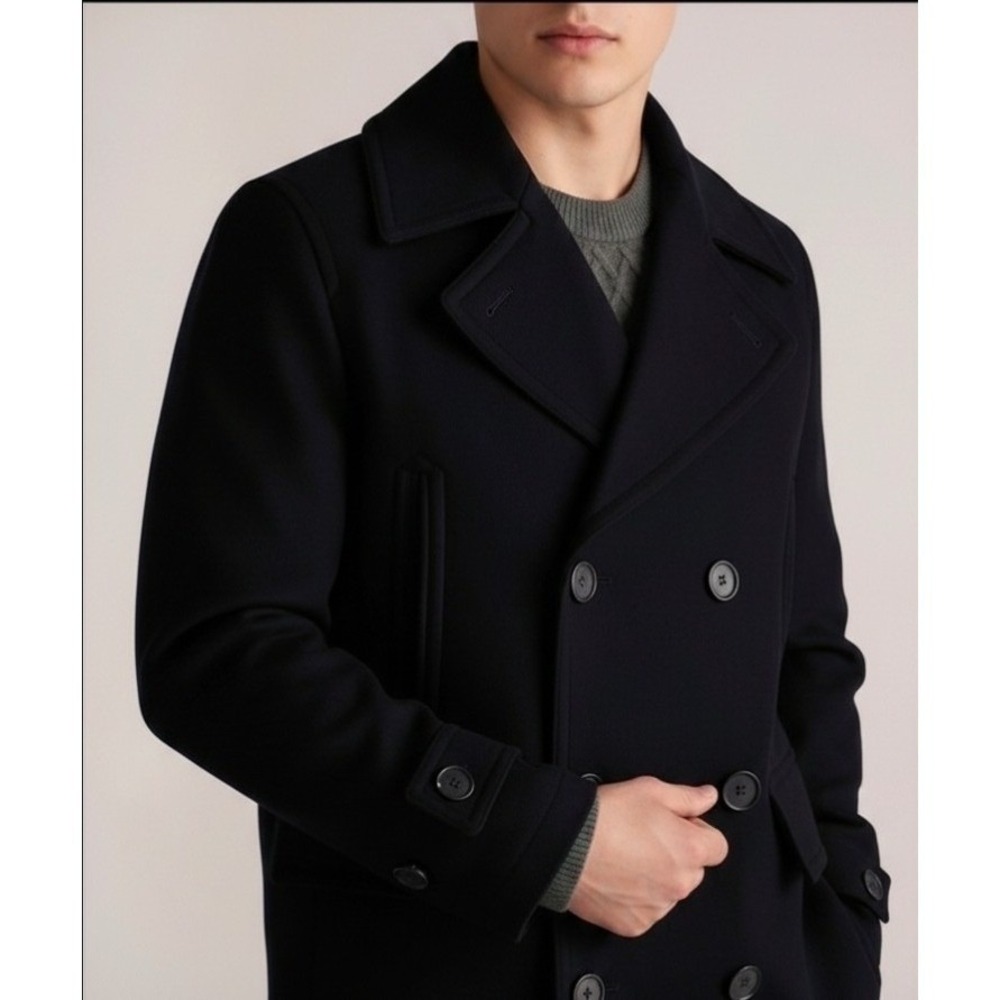 Quince Mens S NWT Italian Wool Blend Peacoat Double Breasted Minimal Solid Black